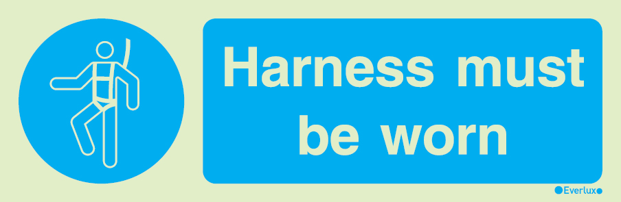 Photoluminescent self-adhesive vinyl 400x150mm Harness must be worn sign with supplementary text