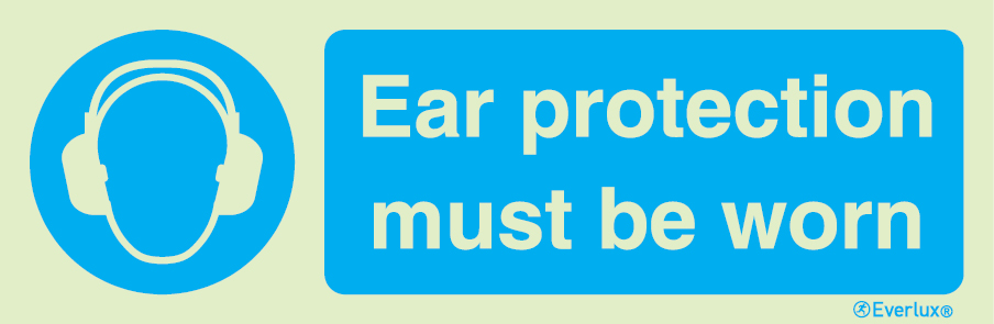 Photoluminescent 1.2mm rigid plastic 300x100mm Ear protection must be worn sign