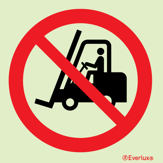 Photoluminescent self-adhesive vinyl 100x100mm No access to forklift trucks and other industrial vehicles - prohibition sign