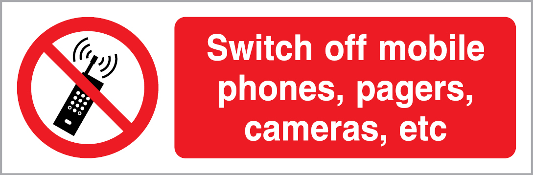 Self-adhesive white vinyl 300x100mm Switch off mobile phones, pagers, cameras, etc sign