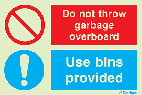 White rigid plastic 300x200mm Do not throw garbage overboard - prohibition and mandatory sign