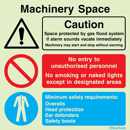 Photoluminescent 1.2mm rigid plastic 300x300mm Machinery space - warning, prohibition and mandatory sign