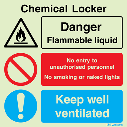 White rigid plastic 300x300mm Chemical locker - warning, prohibition and mandatory sign