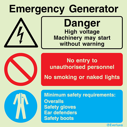 White rigid plastic 300x300mm Emergency generator - warning, prohibition and mandatory sign