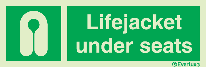 Photoluminescent self-adhesive vinyl 150x50mm Lifejacket under seats sign