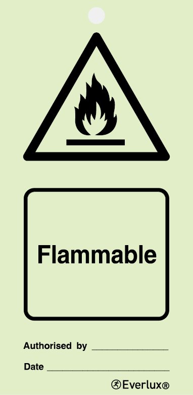 Photoluminescent 1.2mm rigid plastic with protective clear film 75x150mm Flammable - warning temporary tie tag 