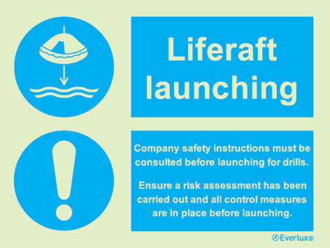 Photoluminescent self-adhesive vinyl 200x150mm Liferaft launching – Instruction Sign 