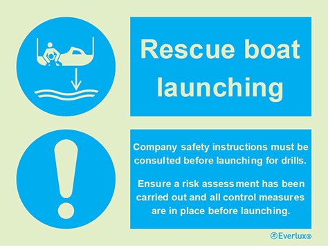 Photoluminescent 1.2mm rigid plastic 300x200mm Rescue boat launching – Instruction Sign