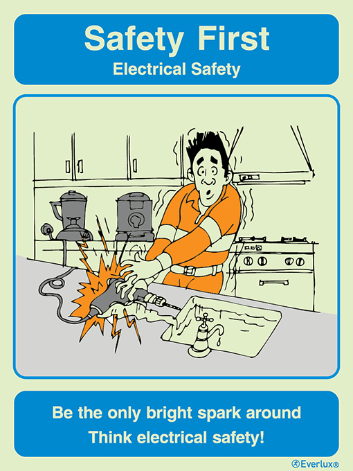 Self-adhesive white vinyl 300x400mm Electrical safety - Safety first awareness poster