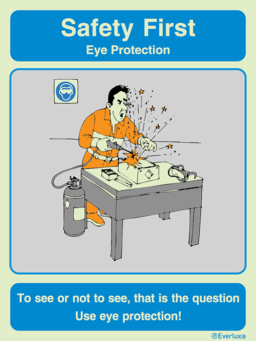 Photoluminescent self-adhesive vinyl 400x600mm Eye protection - Safety first awareness poster