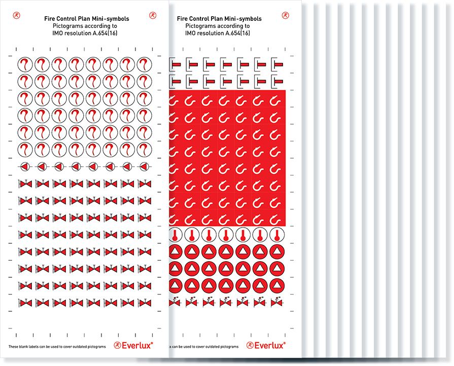 Self-adhesive white vinyl 10x10mm Fire control symbols acc. to IMO Res. A. 654 - 12 pages with a total of 1536 symbols