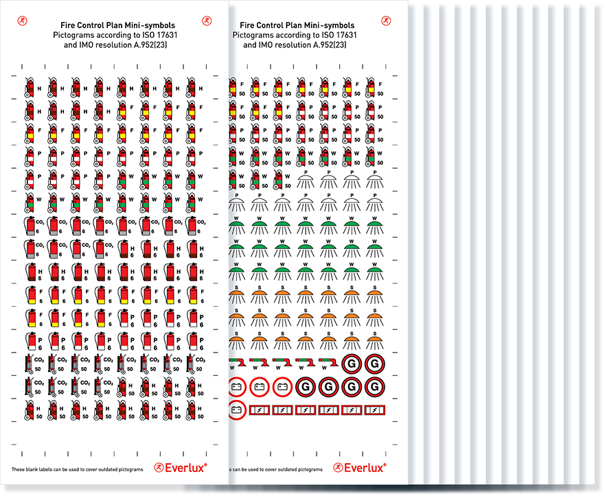Self-adhesive white vinyl 10x10mm Fire control symbols acc. to ISO 17631 and IMO Res. A.952 - 18 pages with a total of 2034 symbols