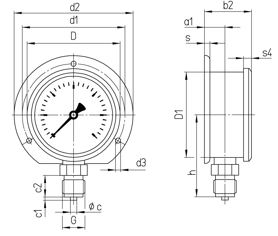 GAUGE PRESSURE GLYCERINE BOTTM, BACK -1-1.5BAR 63MM G1/4"