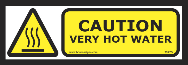 Caution. Very hot water 300mm x 100mm